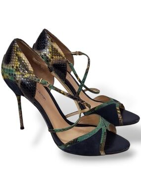 Alexandre Birman Green, Yellow and Black Python-Print Strappy Stilettos